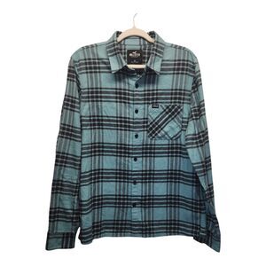 Hollister Turquiose & Black Plaid Flannel Button Up Shirt Mens MEDIUM